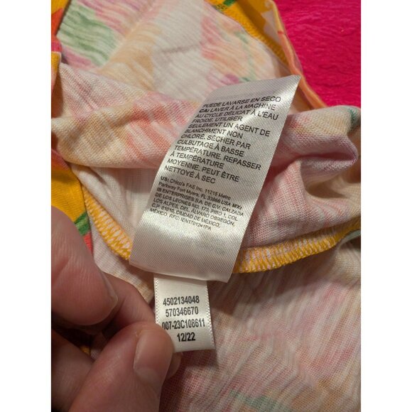 Chico's Top Size 2 L Yellow Pink Tropical Feather Print Cotton Modal Puff Sleeve - Picture 7 of 7
